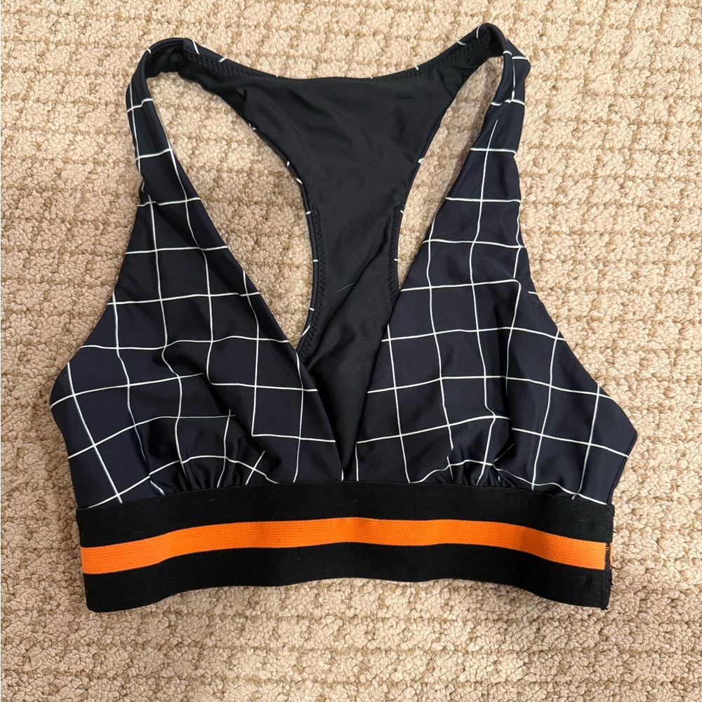 P.E Nation Black Grid Sports Bra with Orange Accent
